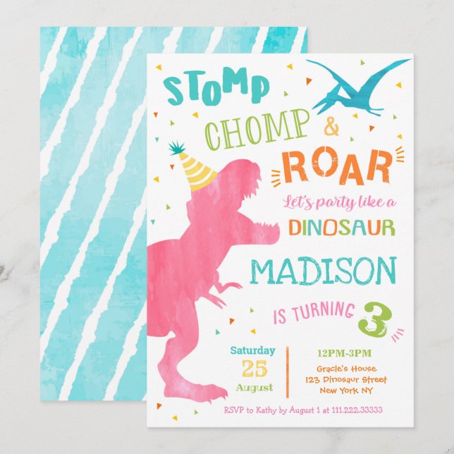 T Rex Dinosaur Invitations de fête d'anniversaire  (Devant / Derrière)