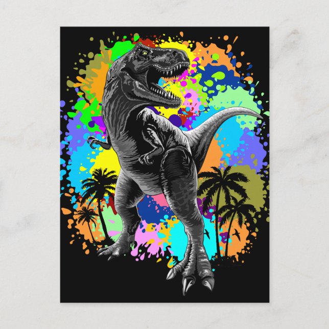 T-Rex Dinosaur Jurassic Reptile on Paint Stains Postcard (Front)