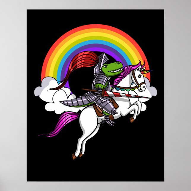 T-Rex Dinosaur Knight Riding Unicorn Rainbow Poster (Front)