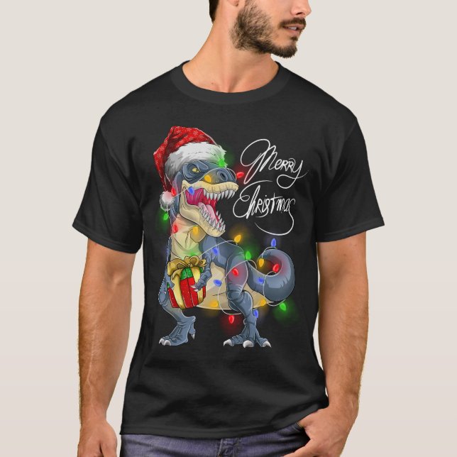 T Rex Dinosaur Merry Christmas Lights Santa Hat  T-Shirt (Front)