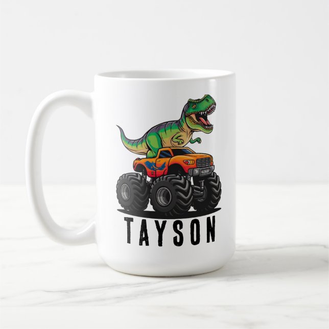 T-Rex Dinosaur Monster Truck Coffee Mug (Left)