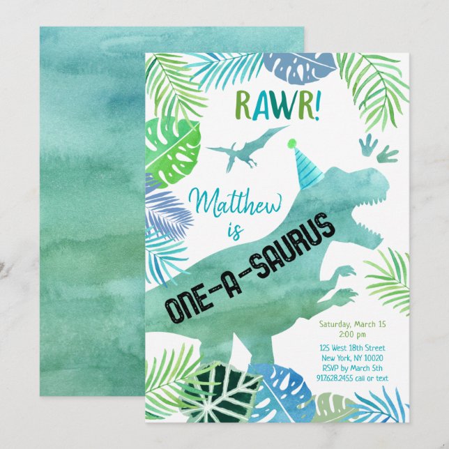 T Rex Dinosaur One-a-saurus First Birthday Invitation (Front/Back)