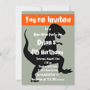 T Rex Dinosaur Orange Birthday Party Invitation