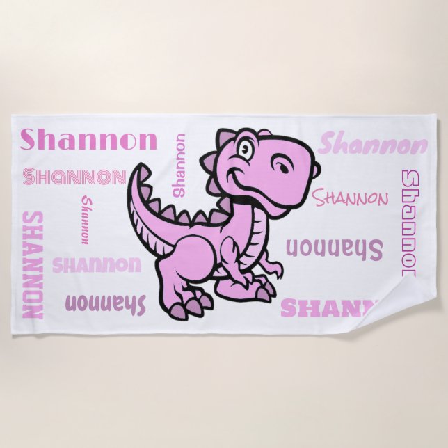 T Rex Dinosaur Pink Personalized Name Beach Towel (Front)