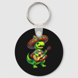 T-rex dinosaur playing guitar cinco de mayo mexica keychain