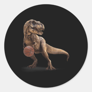 T Rex Dinosaur Playing Sketll Funny Dinosaur Hoops Classic Round Sticker