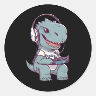T. Rex-dinosaur Playing Video Game Gaming Gamer Pl Classic Round Sticker
