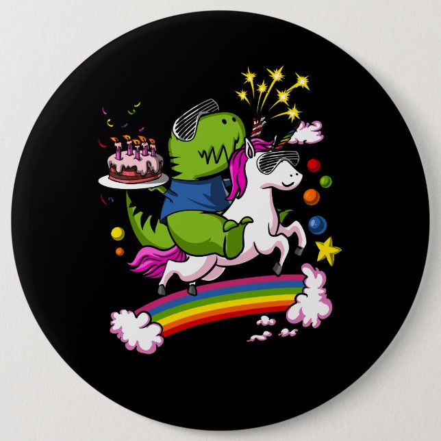T-Rex Dinosaur Riding Unicorn Birthday Party 6 Inch Round Button (Front)
