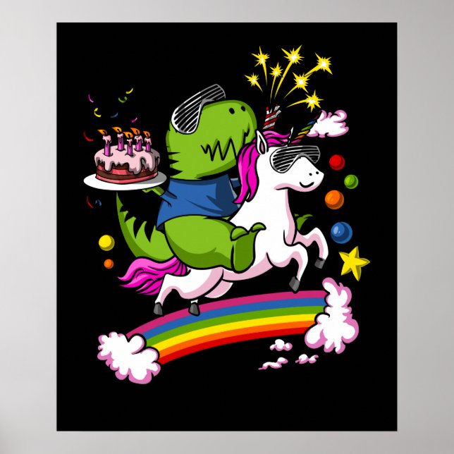 T-Rex Dinosaur Riding Unicorn Birthday Party Poster (Front)