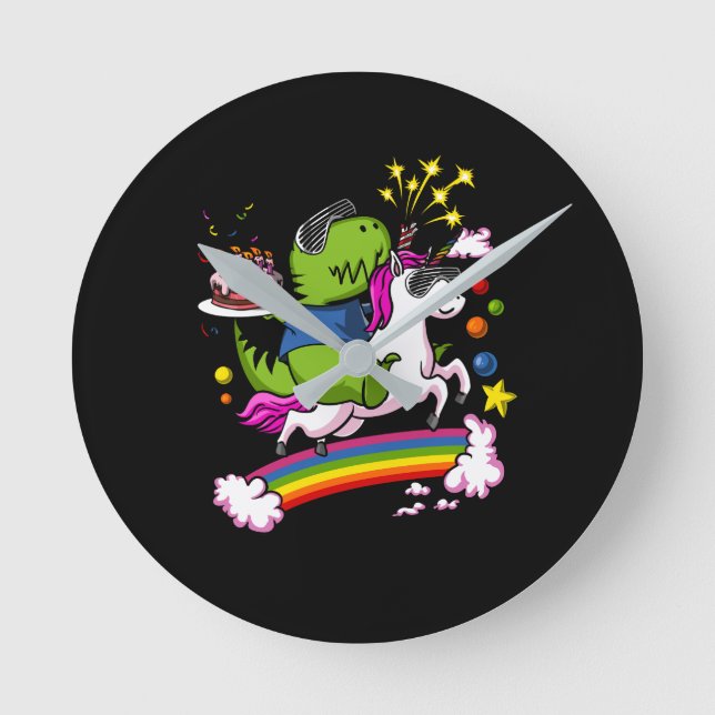 T-Rex Dinosaur Riding Unicorn Birthday Party Round Clock (Front)