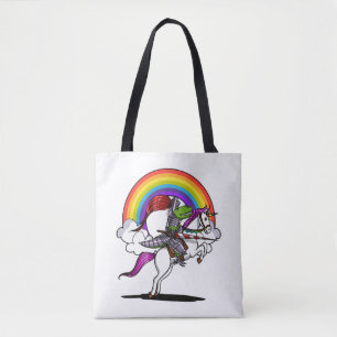 T-Rex Dinosaur Riding Unicorn Rainbow Funny Tote Bag