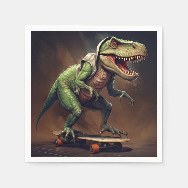 T-Rex Dinosaur Rising a Skateboard Birthday Party Napkin (Front)
