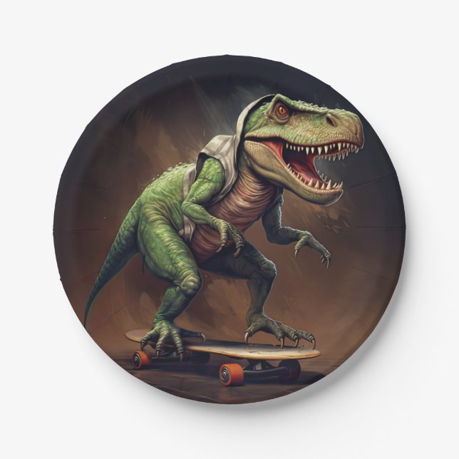 T-Rex Dinosaur Rising a Skateboard Birthday Party Paper Plate (Front)