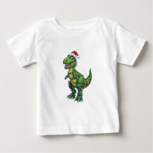 T-Rex Dinosaur Santa Hat Christmas Lights Funny Baby T-Shirt