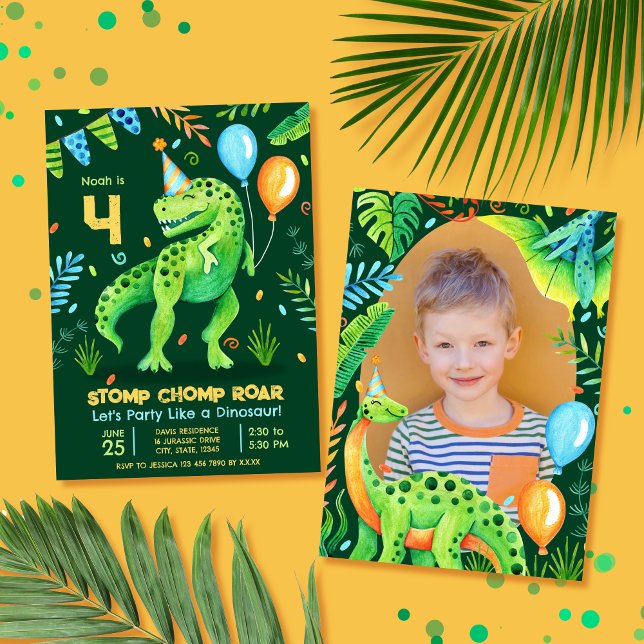 T Rex Dinosaur Stomp Chomp Roar Boy Photo Birthday Invitation (T Rex Dinosaur Stomp Chomp Roar Boy Photo Birthday Invitation)