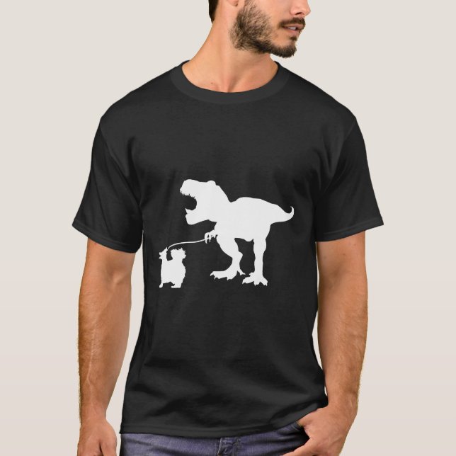 T Rex Dinosaur T Rex Walking Pomeranian Dog Pomera T-Shirt (Front)