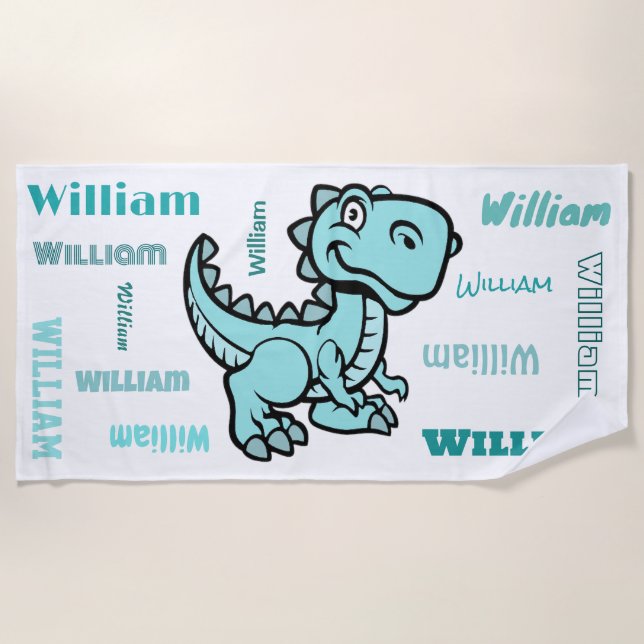 T Rex Dinosaur Teal Personalized Name Beach Towel (Front)