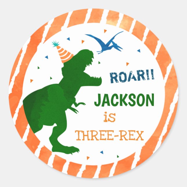 T-rex Dinosaur Three Rex Party Favour Stickers (Front)