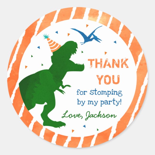 T-rex Dinosaur Three Rex Party Thank You Stickers (Front)
