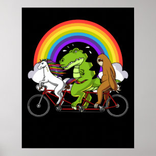T-Rex Dinosaur Unicorn Sloth On Bicycle Rainbow Poster