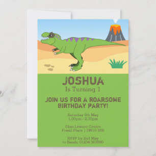 T-Rex Dinosaur & Volcano 1st Birthday Party Invitation