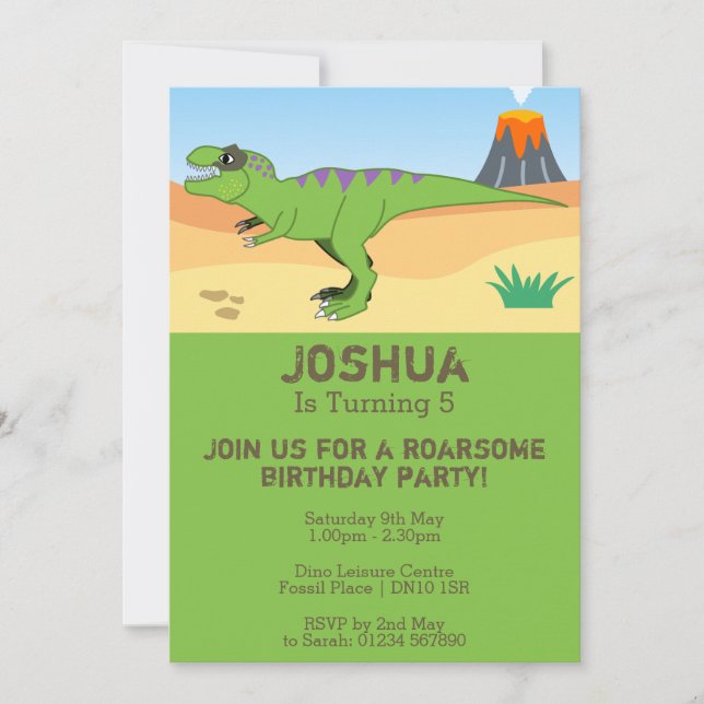 T-Rex Dinosaur & Volcano 5th Birthday Party Invitation (Front)