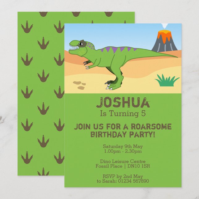 T-Rex Dinosaur & Volcano Birthday Party Invitation (Front/Back)