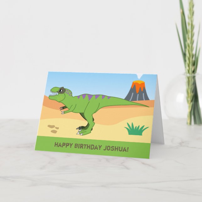 T-Rex Dinosaur & Volcano Happy Birthday Card (Front)