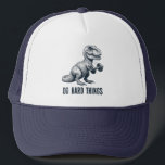 T-Rex Do Hard Things Trucker Hat<br><div class="desc">T-Rex does bicep curls even though it's really hard for him. You can do hard things too. This funny design is a t-rex dinosaur doing bicep curls with a dumbbell.</div>