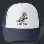 T-Rex Do Hard Things Trucker Hat<br><div class="desc">T-Rex does bicep curls even though it's really hard for him. You can do hard things too. This funny design is a t-rex dinosaur doing bicep curls with a dumbbell.</div>