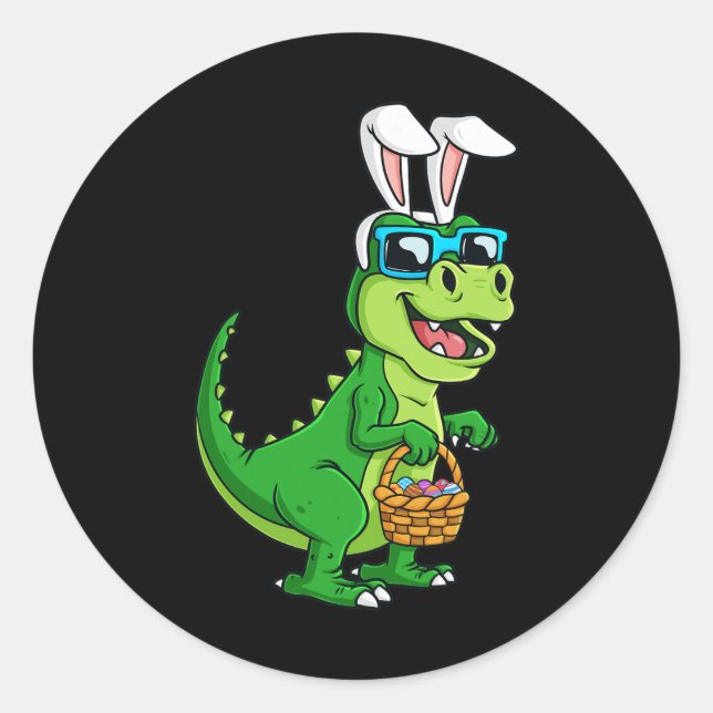 T Rex Easter Bunny With Eggs Basket Fun Dinosaur B Classic Round Sticker (Front)
