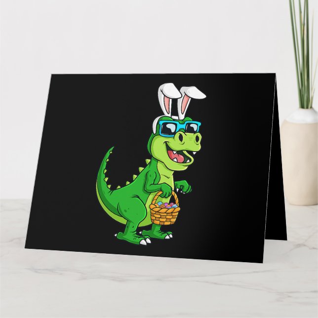 T Rex Easter Bunny With Eggs Basket Funny Dinosaur Card (Front)