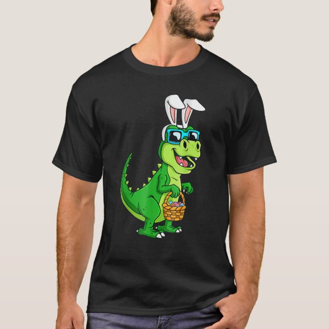 T Rex Easter Bunny With Eggs Basket Funny Dinosaur T-Shirt (Front)