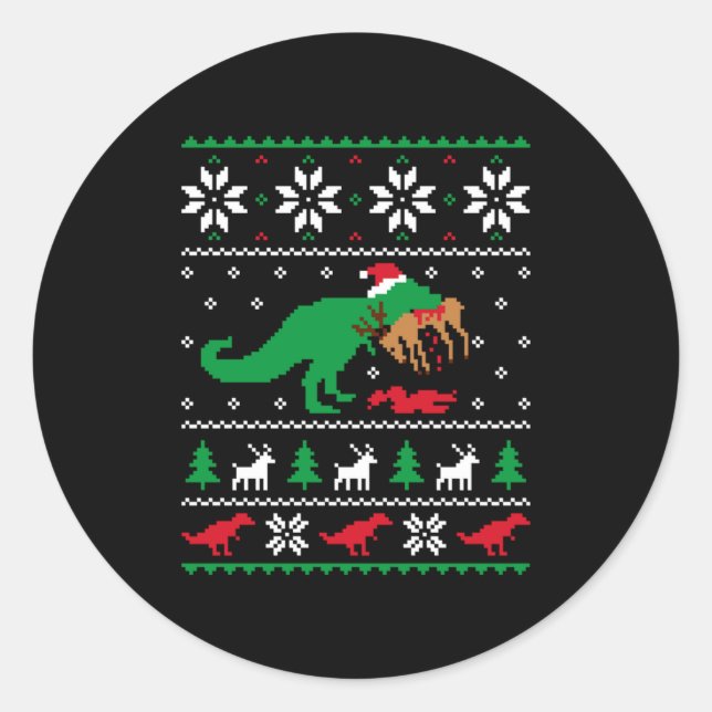 T Rex Eating Reindeer Funny Dinosaur Christmas Ugl Classic Round Sticker (Front)