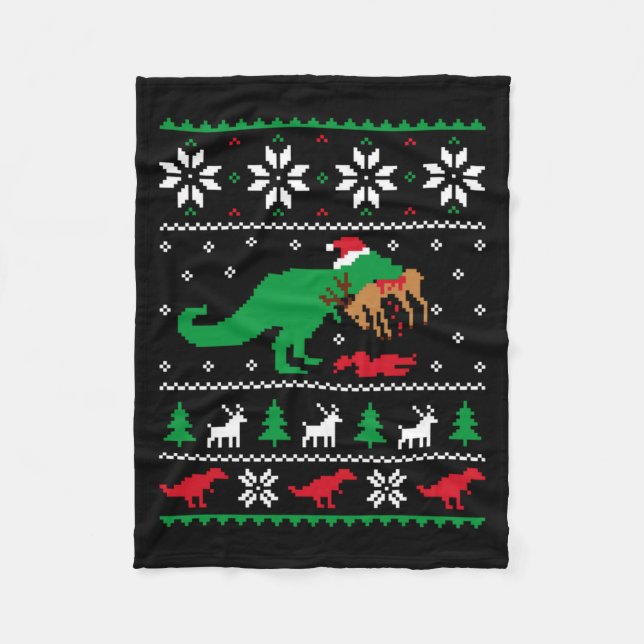 T Rex Eating Reindeer Funny Dinosaur Christmas Ugl Fleece Blanket (Front)