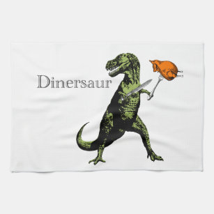 T-Rex eats chicken with knife & fork: A Dinersaur… Kitchen Towel