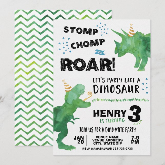 T Rex et Triceratops Dinosaur Invitation d'anniver (Devant / Derrière)