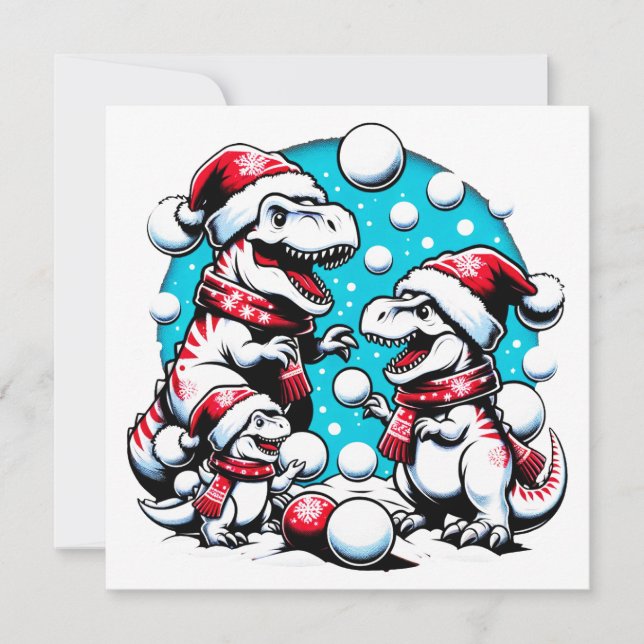 T-Rex Family Winter Holiday Snowball Adventure Invitation (Front)