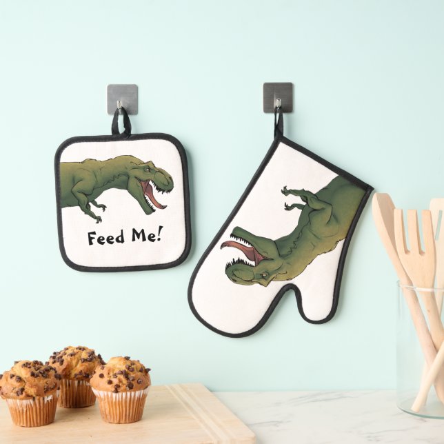 T-Rex Feed Me! Dinosaur Tyrannosaurus  Oven Mitt & Pot Holder Set (Insitu(Hanging))