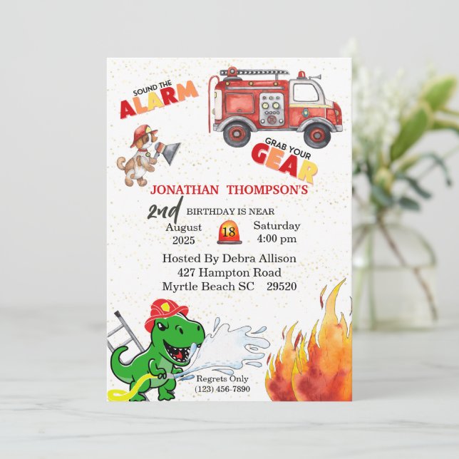T Rex Firemans 2nd Birthday Party Invitation (Standing Front)