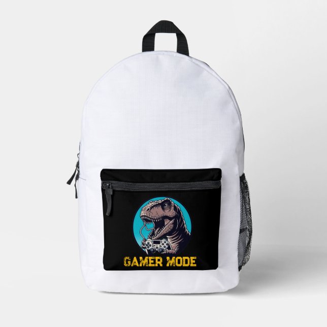 T-Rex Gamer Mode Dinosaur Art Printed Backpack (Front)