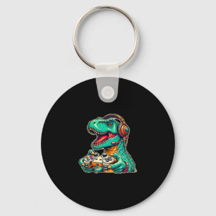 T-rex Gaming With Headset Funny Dinosaur Gamer Gra Keychain