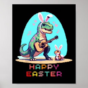 T-rex Happy Easter Eggs Retro Vintage Pixel Art Ro Poster