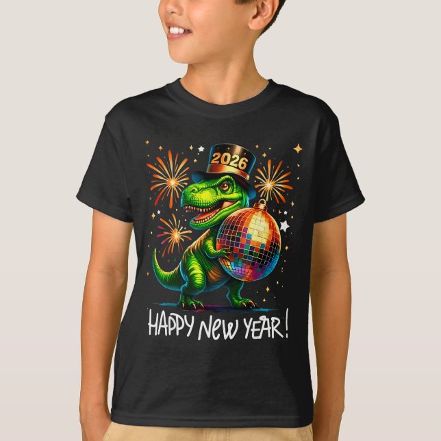 T Rex Happy New Year 2026 Disco Ball Fireworks Tee (Front)
