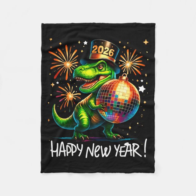T Rex Happy New Year 2026 Disco Ball Fireworks Tee Fleece Blanket (Front)