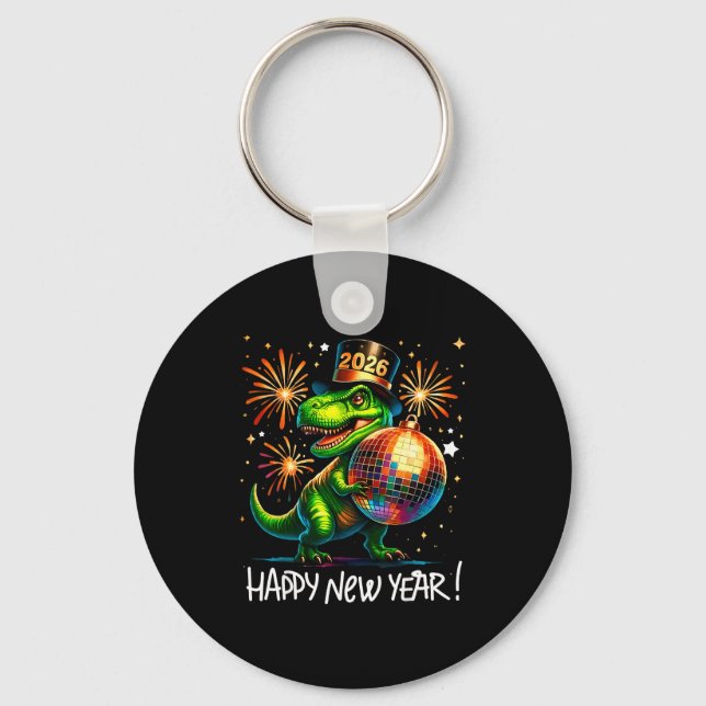 T Rex Happy New Year 2026 Disco Ball Fireworks Tee Keychain (Front)