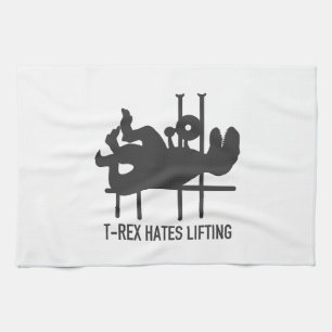T-rex hates lifting - Choose background color Kitchen Towel