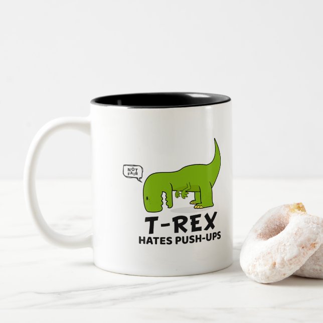 T-Rex Hates Push-Ups - Funny Cartoon Character Two-Tone Coffee Mug (With Donut)