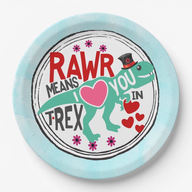 T-Rex in a Top Hat Cute Funny Valentine's Day Paper Plate (Front)