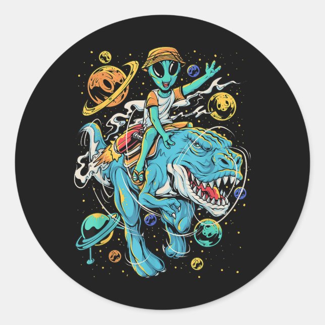 T-Rex in Outer Space  Kid Alien Riding T-Rex Dinos Classic Round Sticker (Front)